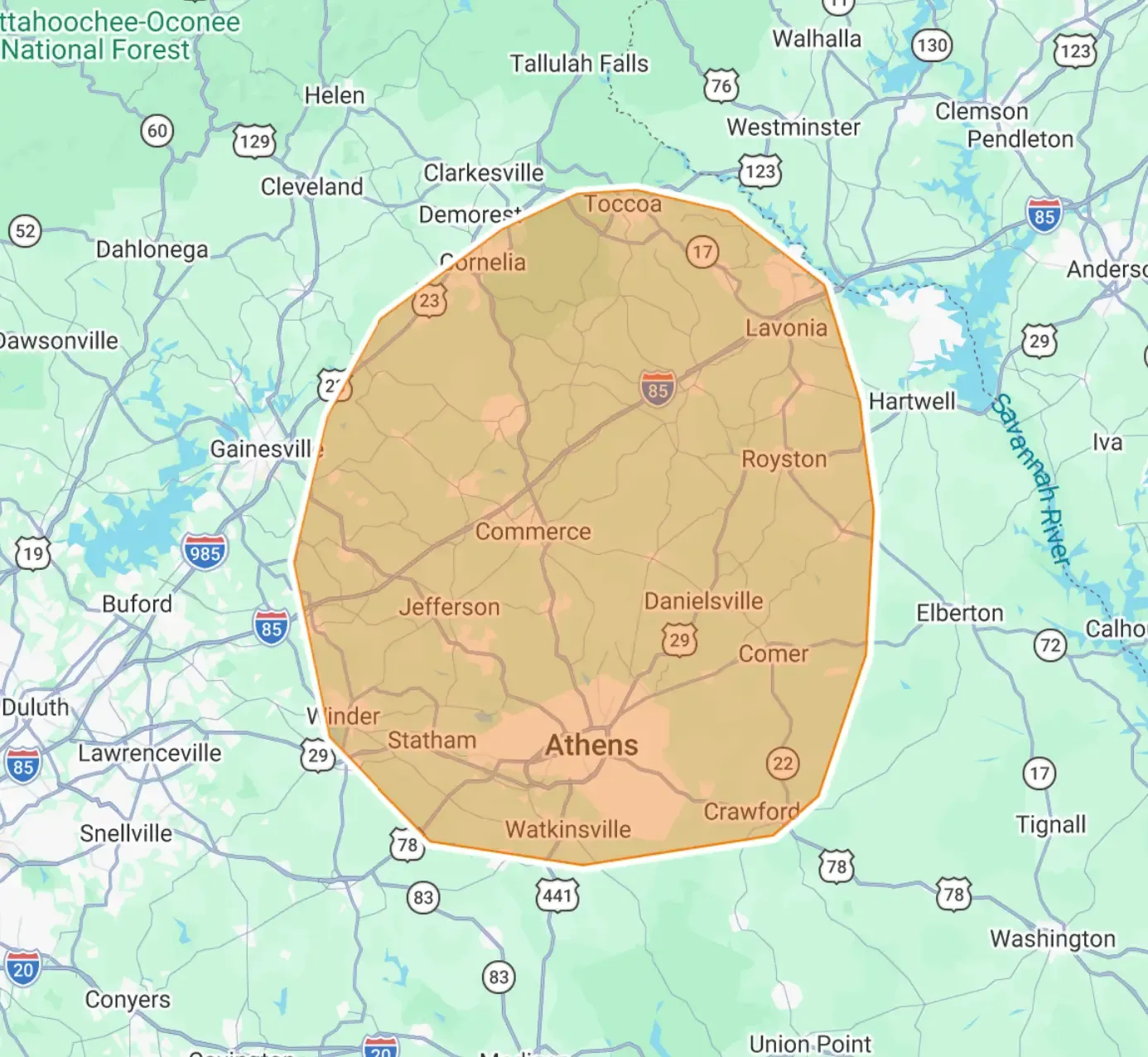 Map of the Guardian Septic Services coverage area centered on Toccoa, Georgia, reaching Eastanollee, Martin, Lavonia, Cornelia and Commerce